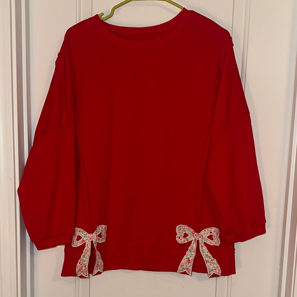 Womens Red Long-Sleeve Top with Floral Bow Details